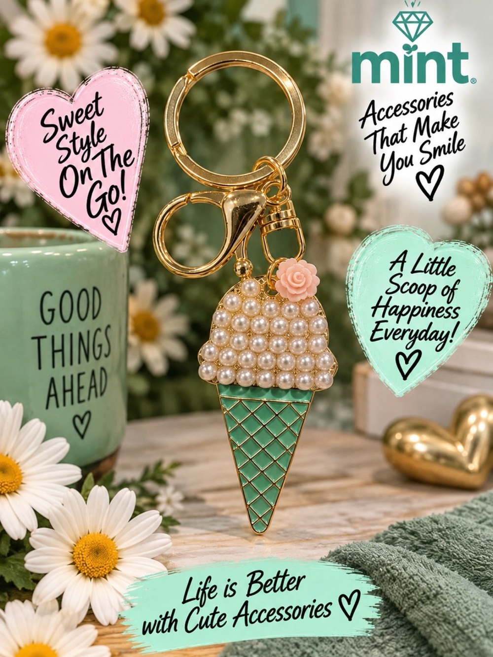 Pearl-Embellished Gold & Mint Ice Cream Cone Keychain